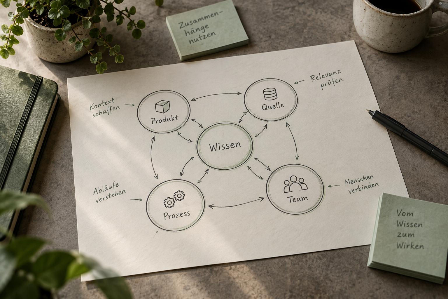 KI-generierte Illustration: Arbeitstisch mit einer handgezeichneten Wissenslandkarte zu Produkt, Quelle, Prozess und Team